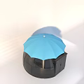 Transparent Glass Dome Structure With Blue Umbrella Shaped Top And Glass Panels