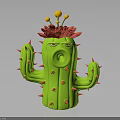 Decorative Character Green Cactus With Red Flower And Yellow Blooms Design