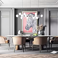 Modern Dining Table Set With Beige Chairs Pendant Lights And Zebra Artwork 3d model