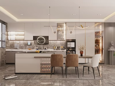 Modern Open Kitchen Interior Design With Marble Island Cabinets Pendant Chandeliers And Dining Table 3d model
