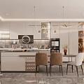 Modern Open Kitchen Interior Design With Marble Island Cabinets Pendant Chandeliers And Dining Table
