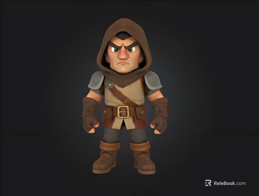 Stylized Cartoon Medieval Warrior Character With Hooded Armor Belt And Boots 3d model 
