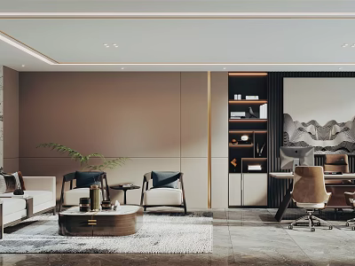 Modern Elegant Office Interior With Sofa Coffee Table Bookshelf Desk Chair Rug And Decorative Painting 3d model