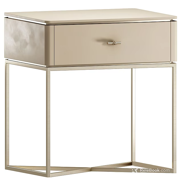 Modern Light Beige Bedside Table With Metal Frame And Single Drawer 3d model 