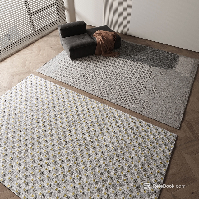 Geometric Pattern Square Rugs With Woven Texture Gray Tone And Yellow Accents In Living Room 3d model 