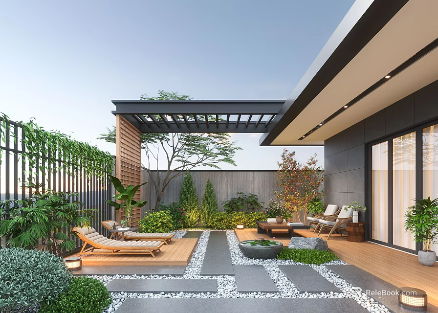 Modern Courtyard Garden Design With Wooden Pergola Lush Green Plants Sun Loungers And Stone Tiles 3d model 