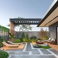 Modern Courtyard Garden Design With Wooden Pergola Lush Green Plants Sun Loungers And Stone Tiles