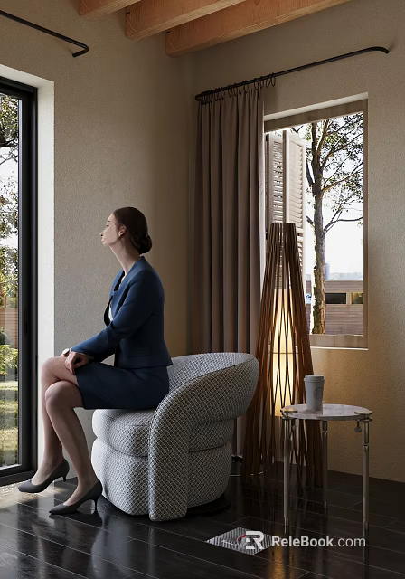 Business Woman Sitting On Armchair By Window With Curtains And Floor Lamp 3d model 