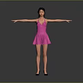 Woman In Pink Dress With Necklace And Black Hair Arms Outstretched On Gray Background