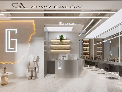 GL Hair Salon Interior Design With Illuminated Logo Reception Desk And Green Plants 3d model