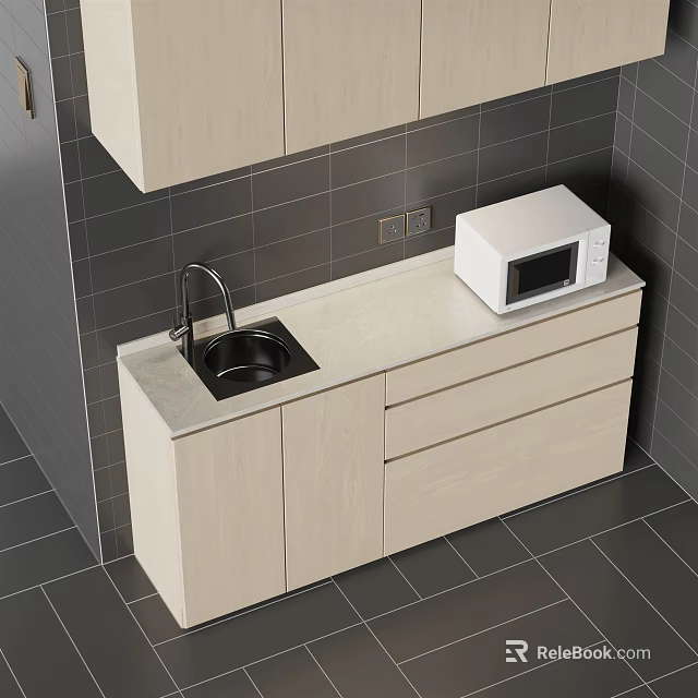 Modern Kitchen Cabinets With Sink Microwave Countertop And Gray Tiles 3d model 