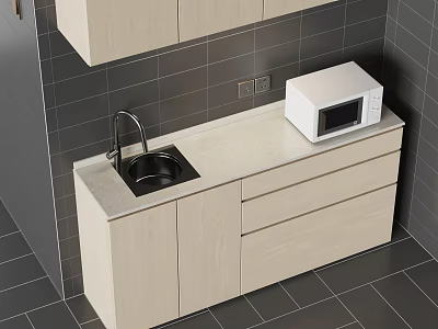 Modern Kitchen Cabinets With Sink Microwave Countertop And Gray Tiles 3d model