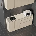 Modern Kitchen Cabinets With Sink Microwave Countertop And Gray Tiles