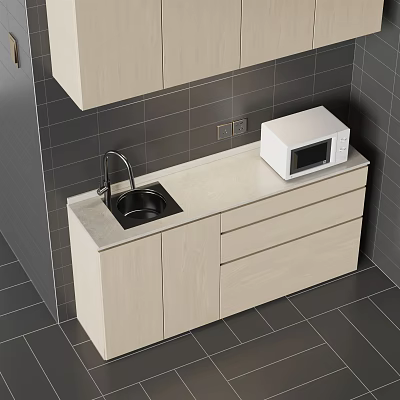 Modern Kitchen Cabinets With Sink Microwave Countertop And Gray Tiles 3d model