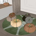 Fluffy Multicolored Pumpkin Shaped Decorative Pillows on Green Living Room Rug