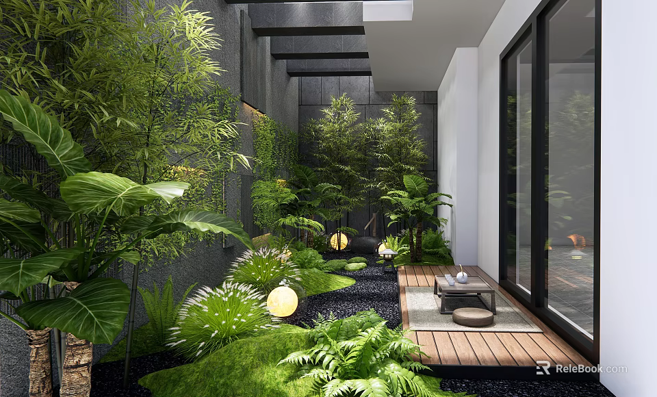 Lush Courtyard Garden With Bamboo Ferns Wooden Deck Round Lanterns And Gravel Path 3d model 