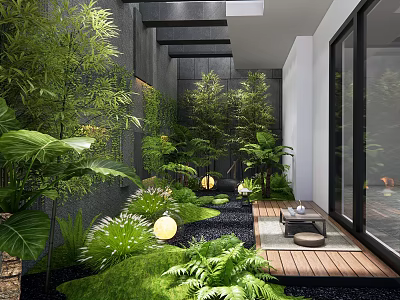 Lush Courtyard Garden With Bamboo Ferns Wooden Deck Round Lanterns And Gravel Path 3d model