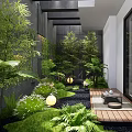 Lush Courtyard Garden With Bamboo Ferns Wooden Deck Round Lanterns And Gravel Path