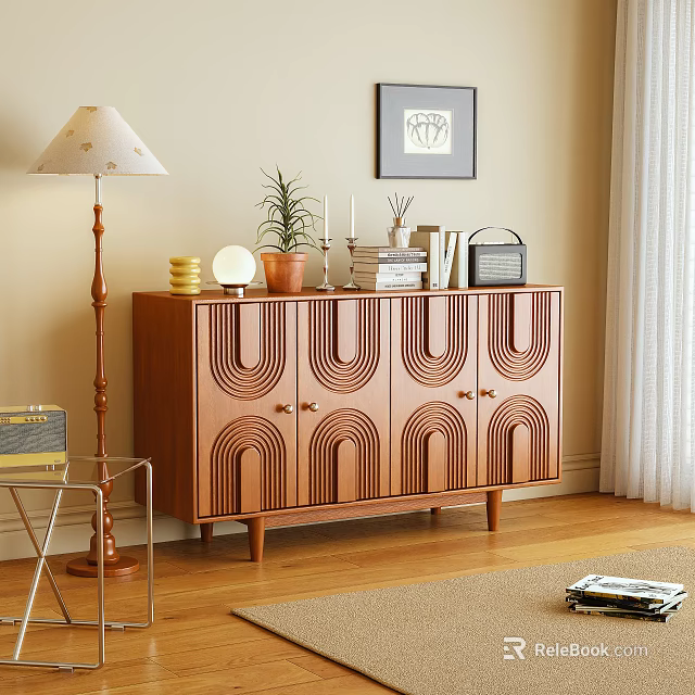 Modern Wooden Entryway Cabinet Sideboard With Geometric U Patterns And Decorative Accents 3d model 