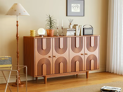 Modern Wooden Entryway Cabinet Sideboard With Geometric U Patterns And Decorative Accents 3d model