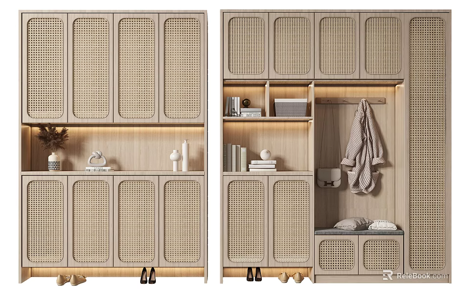 Modern Shoe Cabinet with Rattan Doors Storage Solutions Decorative Items Clothing Hanging Area 3d model 