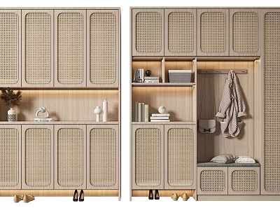 Modern Shoe Cabinet with Rattan Doors Storage Solutions Decorative Items Clothing Hanging Area 3d model