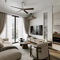 Modern Living and Dining Room Open Layout With White Sofa Coffee Table TV Cabinet And Ceiling Fan