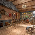 Traditional Folk Craft Exhibition Space With Wooden Ceiling Brick Walls Hanging Chili Peppers And Loom