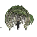 Vine Covered Circular Tunnel Structure With Person Standing Inside Water Reflection And Cloudy Sky 3d model