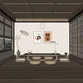 Japanese Style Tea Room With Tatami Low Tea Table Tea Cups Lantern And Bamboo Blinds