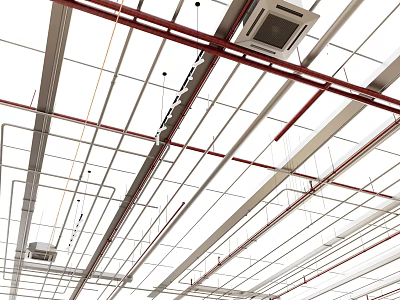 Industrial Ceiling Air Conditioner Vents With Red Pipes And Metal Frames 3d model