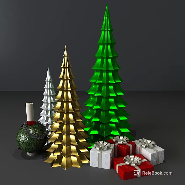 Festive Arbor Trees in Green Gold Silver with Gifts Candle and Decorative Ball 3d model 
