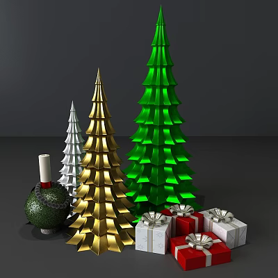Festive Arbor Trees in Green Gold Silver with Gifts Candle and Decorative Ball 3d model