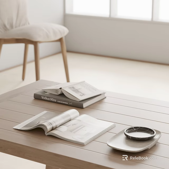 Open Magazines And Stacked Books On Wooden Coffee Table In Minimalist Living Room 3d model 