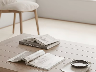 Open Magazines And Stacked Books On Wooden Coffee Table In Minimalist Living Room 3d model