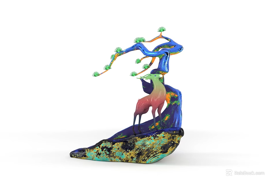 Colorful Decorative Ornament Set With Deer Figure Tree Branch And Artistic Base 3d model 