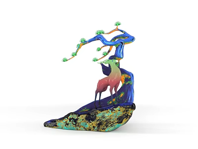 Colorful Decorative Ornament Set With Deer Figure Tree Branch And Artistic Base 3d model