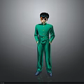 Animated 3D Character Model With Black Short Hair Green Outfit And Blue Shoes Standing Pose