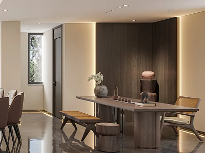 Modern Private Dining Room Interior With Wooden Furniture And Decor 3d model