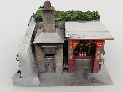 Traditional Chinese Residential Building With Brick Chimney Green Roof Plants And Red Door Decorations 3d model