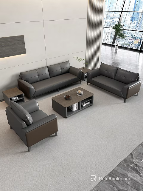 Modern Front Desk Reception Waiting Area With Gray Sofas And Wooden Coffee Table 3d model 