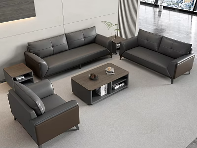 Modern Front Desk Reception Waiting Area With Gray Sofas And Wooden Coffee Table 3d model