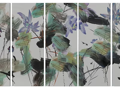 Chinese Ink Wash Painting With Lotus Flowers Green Purple Leaves Multi Panel 3d model