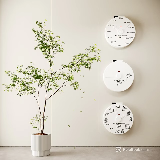Three Unique Clocks As Wall Decor With Plant 3d model 