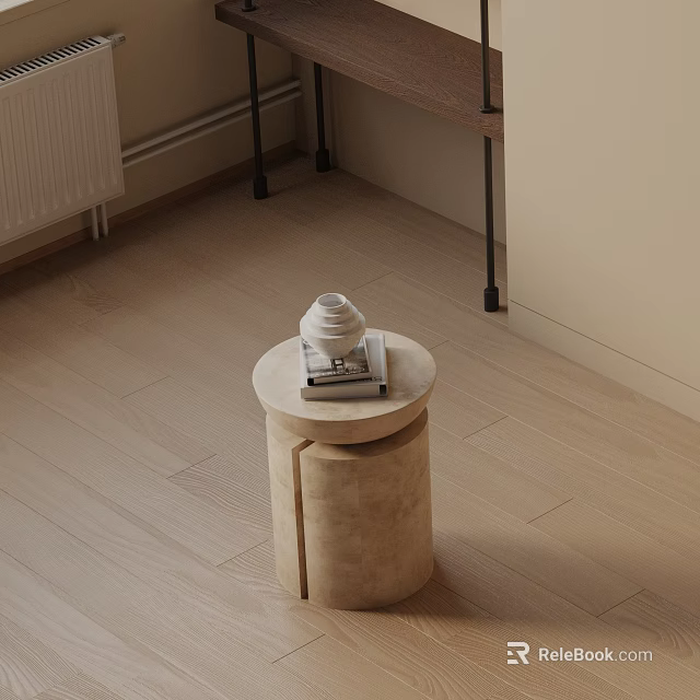 Minimalist Round Wooden Side Table With Stacked Books And Decorative Item On Light Wood Floor 3d model 
