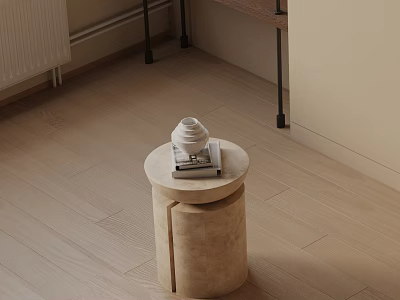 Minimalist Round Wooden Side Table With Stacked Books And Decorative Item On Light Wood Floor 3d model