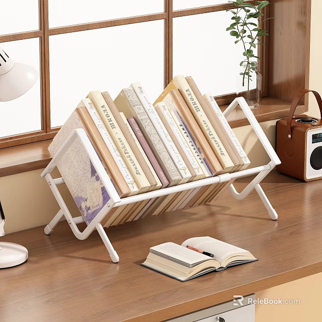 White Foldable Bookshelf Holding Stacked Books And Open Book On Wooden Tabletop 3d model 