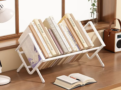 White Foldable Bookshelf Holding Stacked Books And Open Book On Wooden Tabletop 3d model