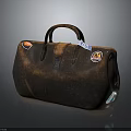 Vintage Brown Leather Handbag with Decorative Stickers and Handle Strap