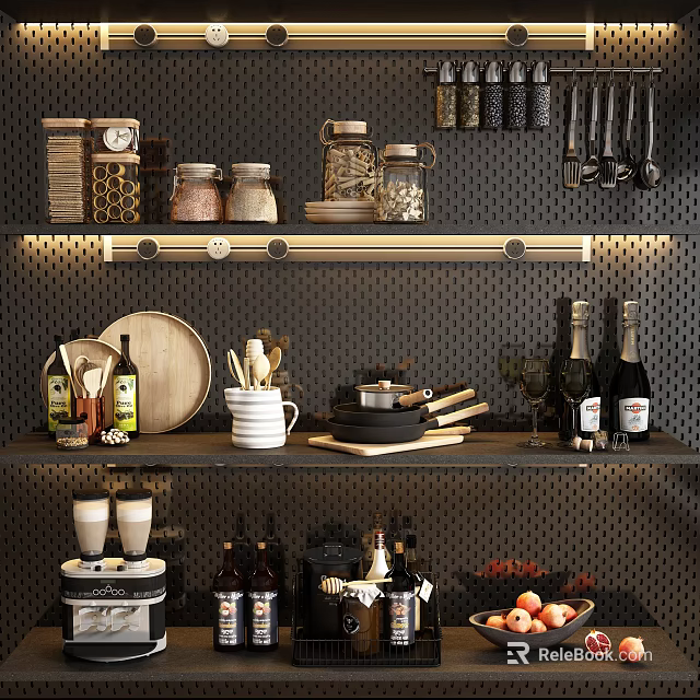 Modern Kitchen Shelf With Organized Spice Jars And Decorative Kitchen Items 3d model